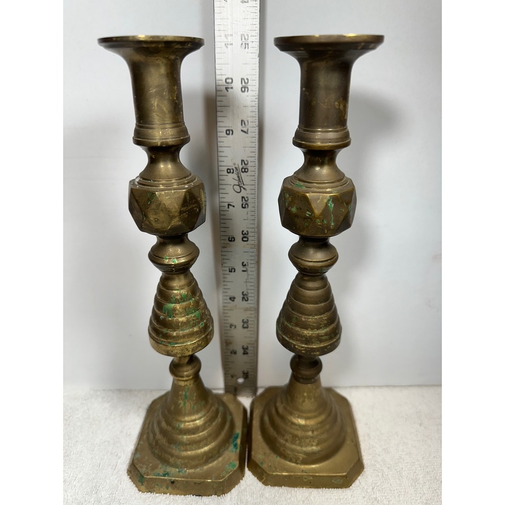 Brass Beehive Candlestick Holders Pair Vintage Unpolished - Patina & Green Wax